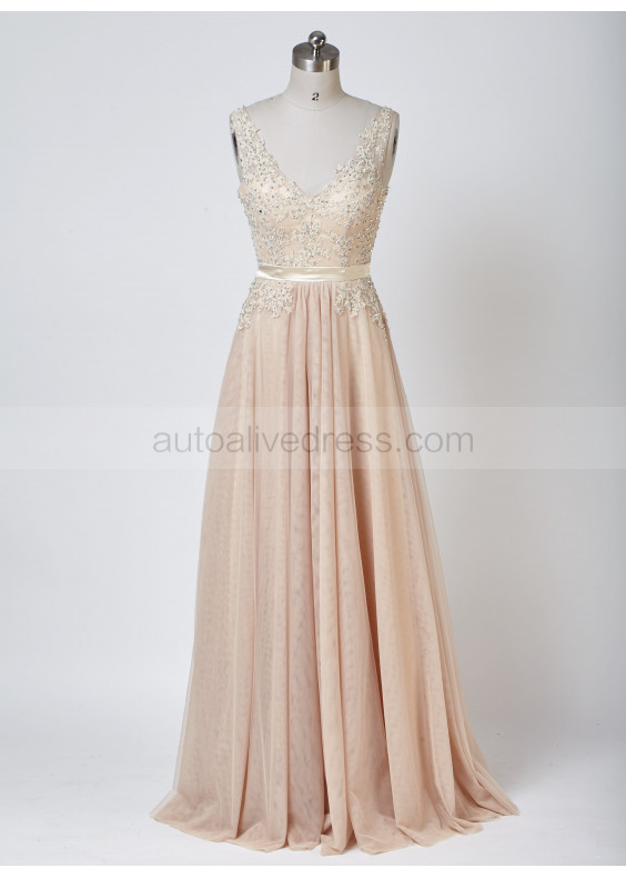 Deep V Neck Champagne Lace Tulle Beading Floor Length Prom Dress